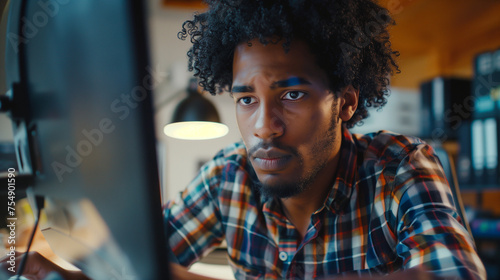 A man with afro hair is focused on working in front of a computer. With full concentration he watched the computer screen while completing his assignment. Ai generated Images