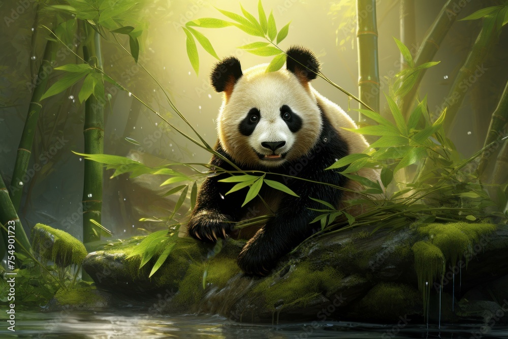 Herbivorous Panda with bamboo zoo. Fun character. Generate Ai