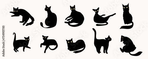 Silhouette cat vector illustration set. Simple group of shapes of hand drawn pets. Poses of russian blue, british shorthair, bengal, siamese, sphynx and burmese. Friendly cute illustration.