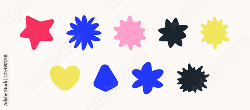 Abstract vector shapes set. Different forms in a group. Star, heart, flower as irregular blobs and forms in hand drawn style.
