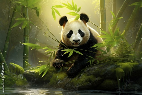 Herbivorous Panda with bamboo zoo. Fun character. Generate Ai © juliars