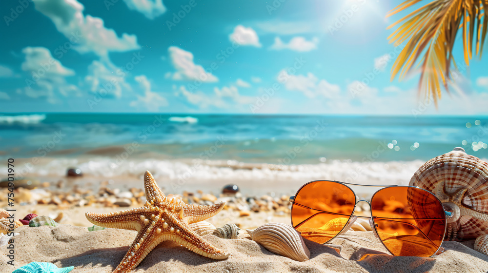 Sunny Beach Day Essentials with Starfish and Sunglasses, Idyllic Summer Vacation Concept