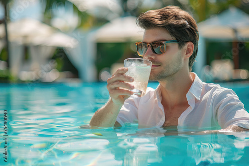 Young man hotel guest sipping a cocktail in the outdoor hotel swimming pool during summer holidays