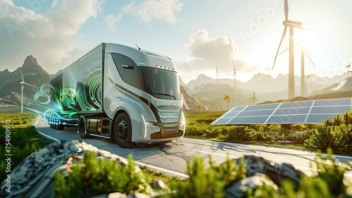 Experience the eco-friendly future: Green energy truck transports innovation with wind turbines and solar panels in the background. Sustainable transportation concept
