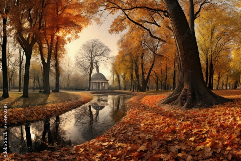 Picturesque Panoramic autumn park with benches. Outdoor yellow fall autumnal parkland. Generate ai