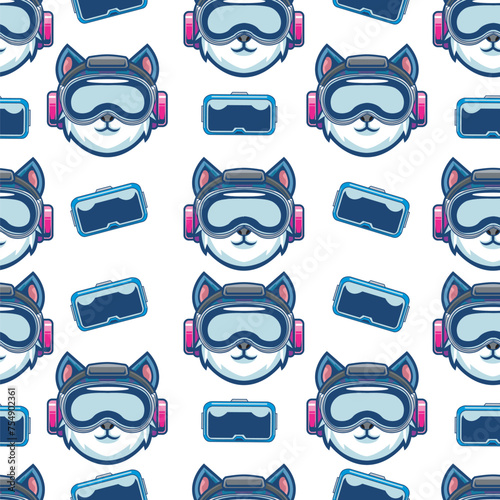 Vector Illustration of Cat and VR Glasses with Vintage Hand Drawing Style Available for Pattern