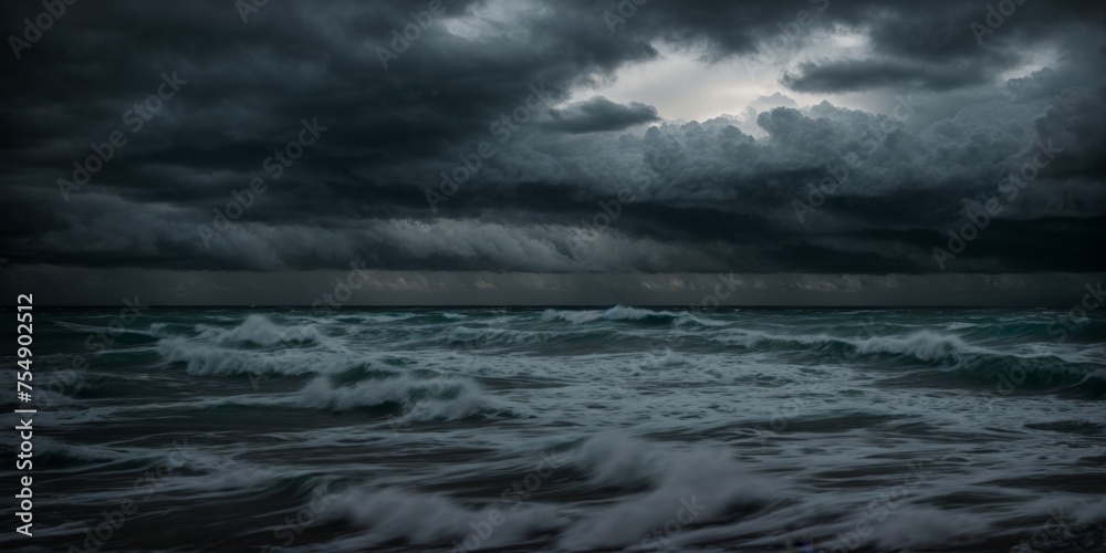 Storm clouds brooding over stormy seascape at dusky twilight  - obrazy, fototapety, plakaty 