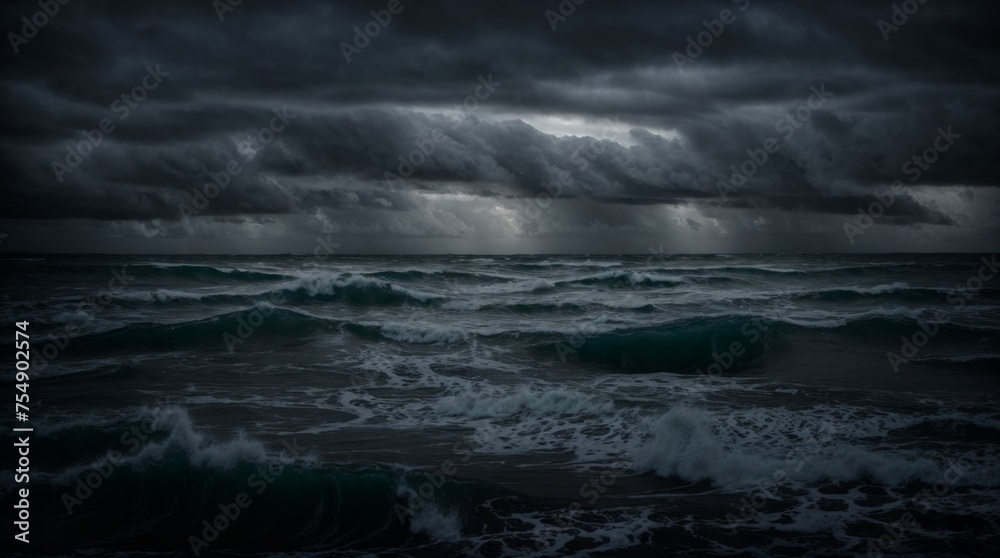 Stormy ocean waves beneath a darkening sky at dusk  - obrazy, fototapety, plakaty 