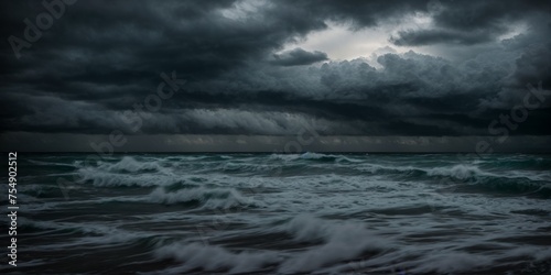 Storm clouds brooding over stormy seascape at dusky twilight 
