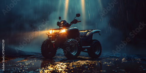   Atv riding through the dark forest with spotlight in the background Atv speeding through forest with trees whipping past in blur © Faiza
