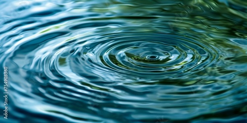 Close-up view of a water droplet creating mesmerizing concentric ripples on a serene blue water surface.