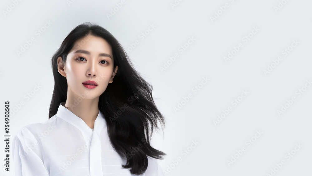 Portrait of a beautiful Asian woman isolated on a gray background. Copy space for text, advertising. Concept of beauty, anti aging, cosmetic product, skin, care, make-up, cosmetics, plastic surgery Portrait of a beautiful Asian woman isolated on a gray background. Copy space for text, advertising. Concept of beauty, anti aging, cosmetic product, skin, care, make-up, cosmetics, plastic surgery