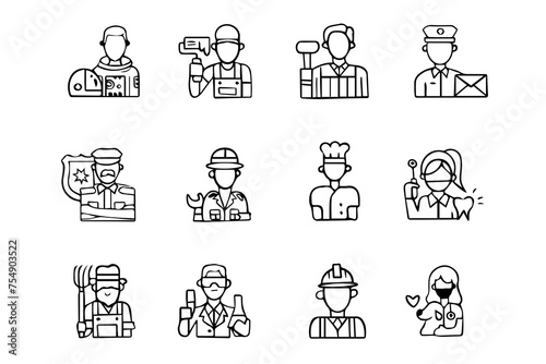 People profession black linear icons. Cook icon, chemist icon, astronaut icon, builder icon, lawyer icon can be used for web, mobile and logo