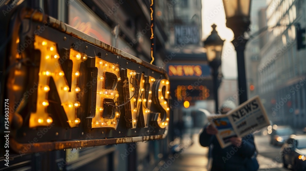 News Concept with "NEWS" Sign and Man Reading Newspaper - obrazy, fototapety, plakaty 