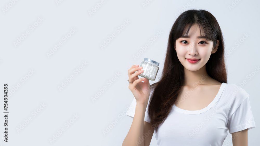 Portrait of a beautiful Asian woman holding cosmetic product. Copy space for text, advertising. Concept of beauty, anti aging, cosmetic product, skin, care, make-up, cosmetics, plastic surgery Portrait of a beautiful Asian woman holding cosmetic product. Copy space for text, advertising. Concept of beauty, anti aging, cosmetic product, skin, care, make-up, cosmetics, plastic surgery