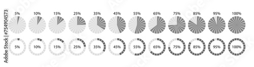 Circle 100 percent loading template. Round pie chart. Progress diagram structure. Circular grey color progress bar. Schemes with sectors. Piechart with segments and slices. Vector illustration