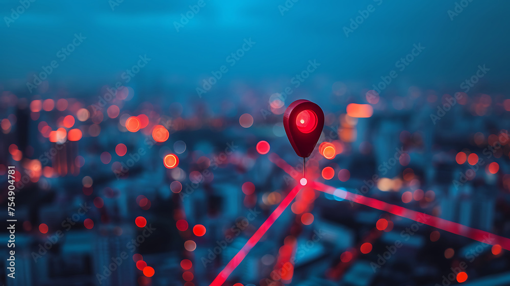 Map pin highlighting city destination in urban landscape with network connection concept. Map pin highlighting city destination in urban landscape with network connection concept.