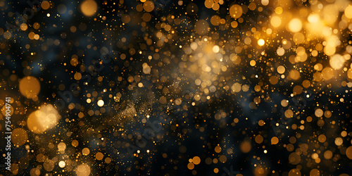 Magic gold bokeh on a defocused dark background. Texture, background, wallpaper.