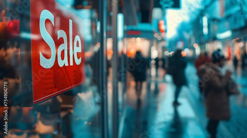  Image of a "Sale" sign displayed in a shop window with people walking in the background on the street, illustrating the concept of a sale event.