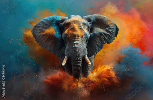Colorful painting of a elephant with creative abstract elements as background © loran4a