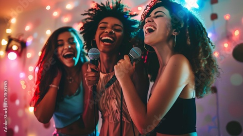 Singing in the Rain Three Women Laughing and Singing into Microphones Generative AI