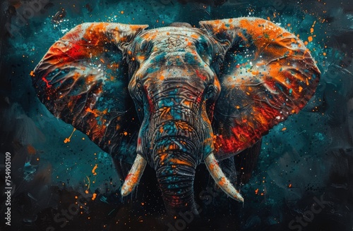 Colorful painting of a elephant with creative abstract elements as background