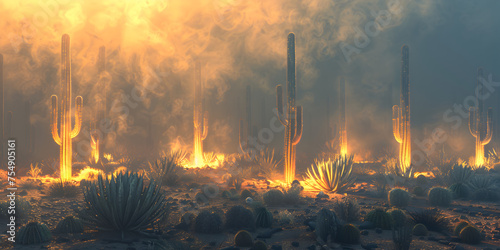 Daytime wildfire in a burning Desert of cactus plants and rocks in the foreground a stormy monsoon in the desert background 
