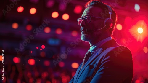 Motivational speaker with headset performing on stage