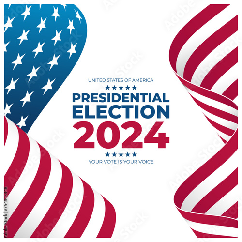 2024 United States Presidential Elections. US President Election Day background with waving American Flag. Vector Illustration.