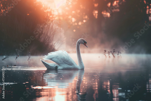 Serene Swan Majesty on Misty Lake at Sunrise Banner