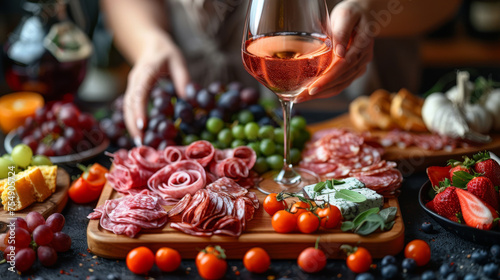 Woman's hands holding charcuterie board on black background. Italian antipasti or Spanish tapas and wine.