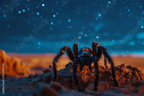 Majestic Nocturnal Tarantula Captured Under Starry Desert Sky Banner