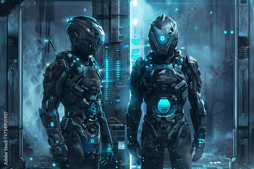 Cyberpunk Future Two Robotic Beings Standing in a Futuristic Setting Generative AI