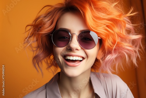 Youthful woman with vibrant purple hair dancing joyfully against peach colored wall