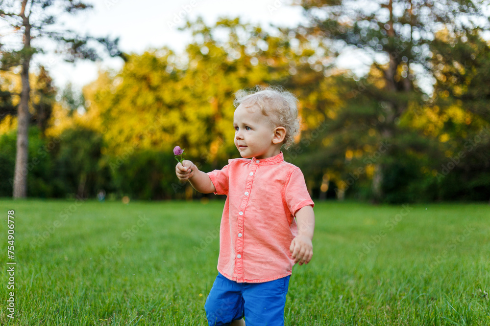 Horizontal view of a little boy is playing in the park, during the summer, holding a flower in his hand. Horizontal view of a little boy is playing in the park, during the summer, holding a flower in his hand.