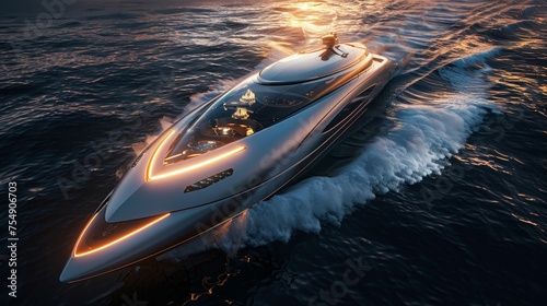 Luxurious High-Speed Yacht Cruising at Sunset