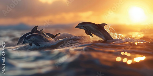 Dolphins Leaping at Sunset: A Majestic Marine Life Spectacle Banner © Dmitrii