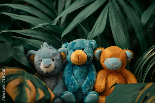 Colorful Teddy Bears Hiding Amongst Green Leaves Nature Banner