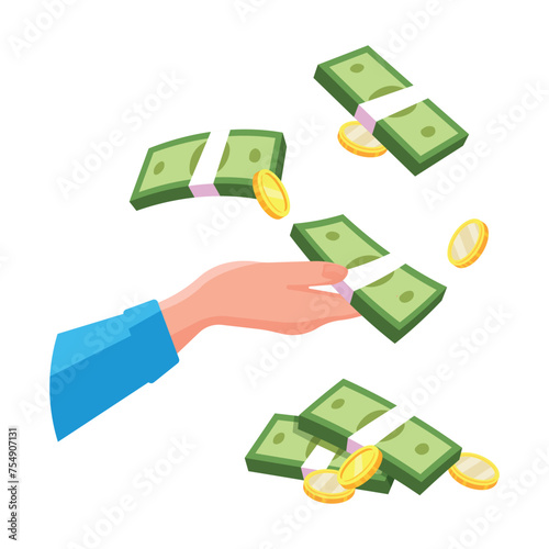 Flat illustration of a man receiving money. Stacks of money and coins fall onto the man's hand. Money rain is in your hands. 