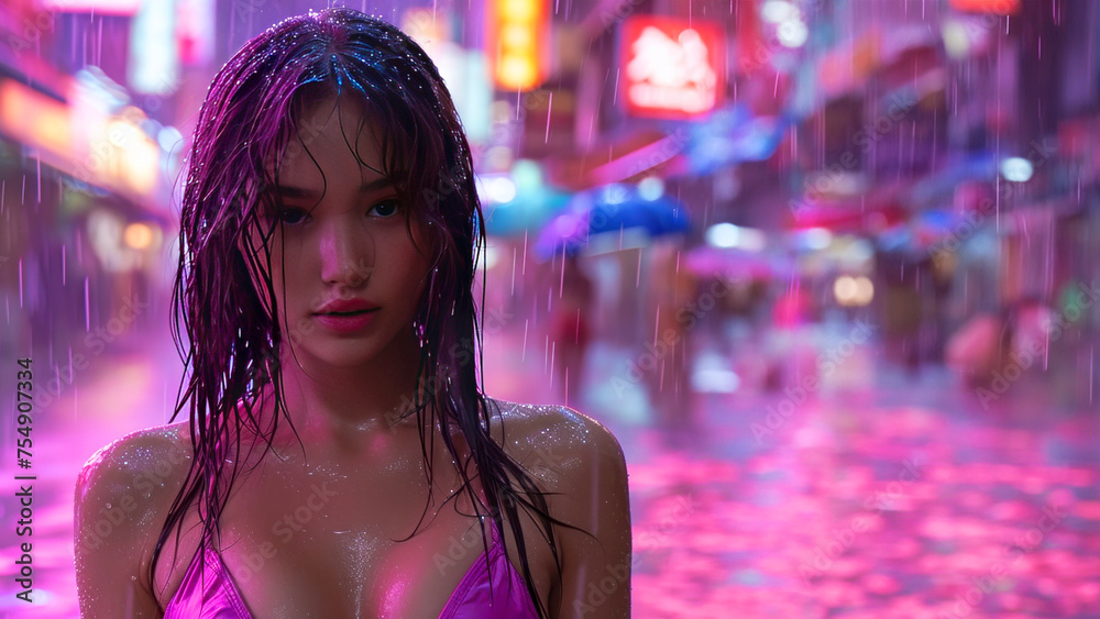 Pensive Woman on Rainy Neon City Street