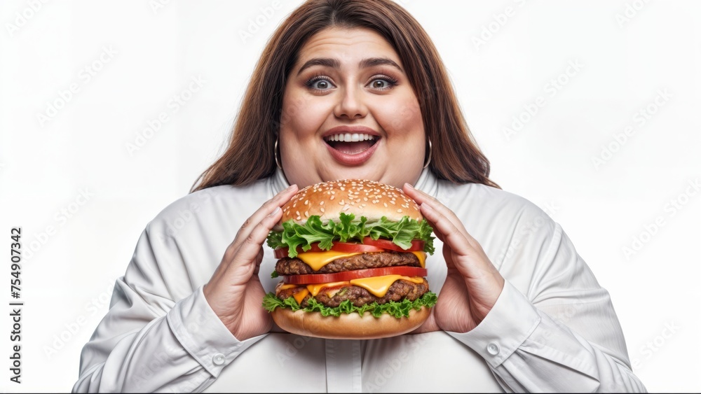 A woman with a big burger in front of her face. A woman with a big burger in front of her face.