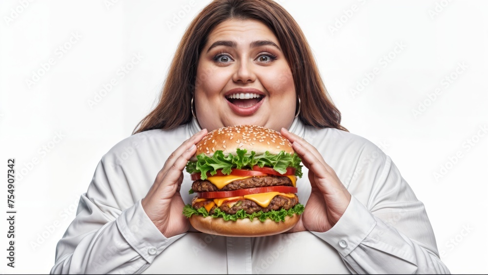 A woman with a big burger in front of her face.