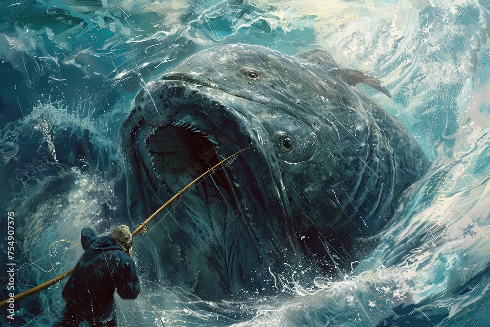 A deep sea fisherman struggles to haul a massive whale out of the water in a challenging feat of strength and determination. Generative AI - obrazy, fototapety, plakaty 