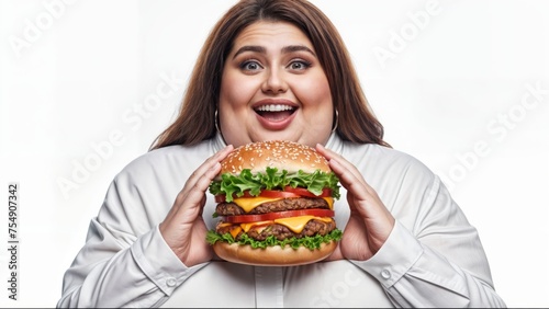 A woman with a big burger in front of her face.