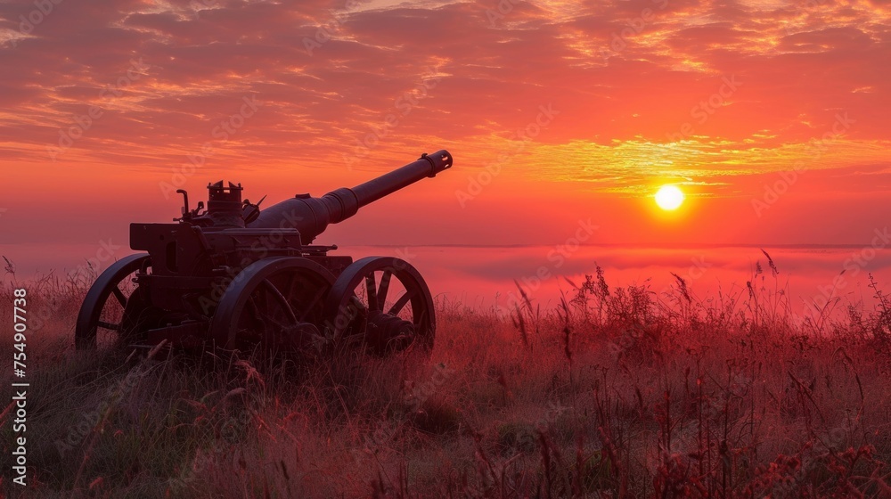 Fototapeta premium Artillery Cannon at Dawn's First Light
