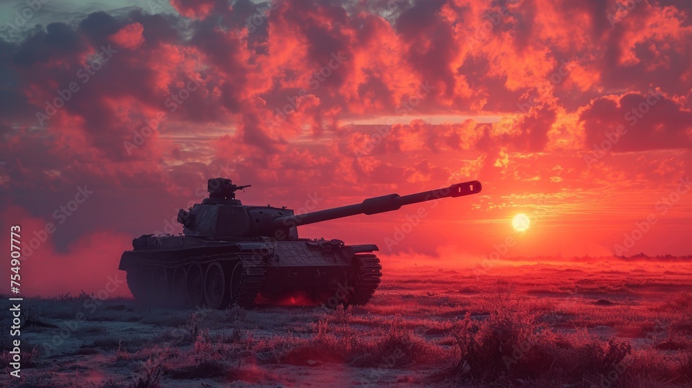 Tank at Dawn in a Misty Crimson Field