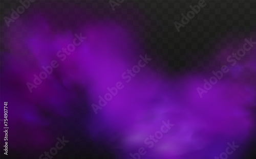 Scary mystical violet fog in night Halloween. Purple poisonous gas, dust and smoke effect.Realistic neon magic mist steam on a transparent dark background.