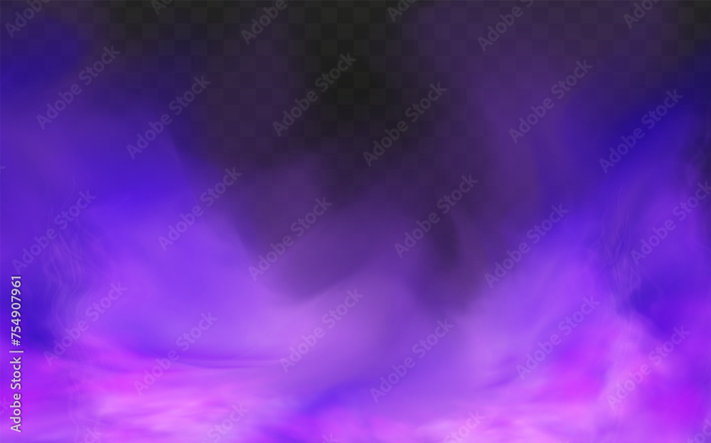 Fototapeta premium Scary mystical violet fog in night Halloween. Purple poisonous gas, dust and smoke effect.Realistic neon magic mist steam on a transparent dark background.