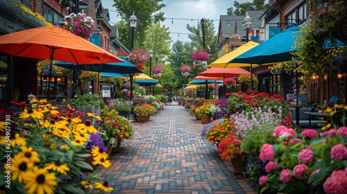 Vibrant Street Scene With Colorful Flowers and Umbrellas