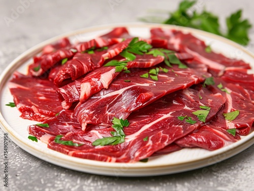 Meat Lovers' Delight A Plate of Red Meat with Fresh Herbs Generative AI